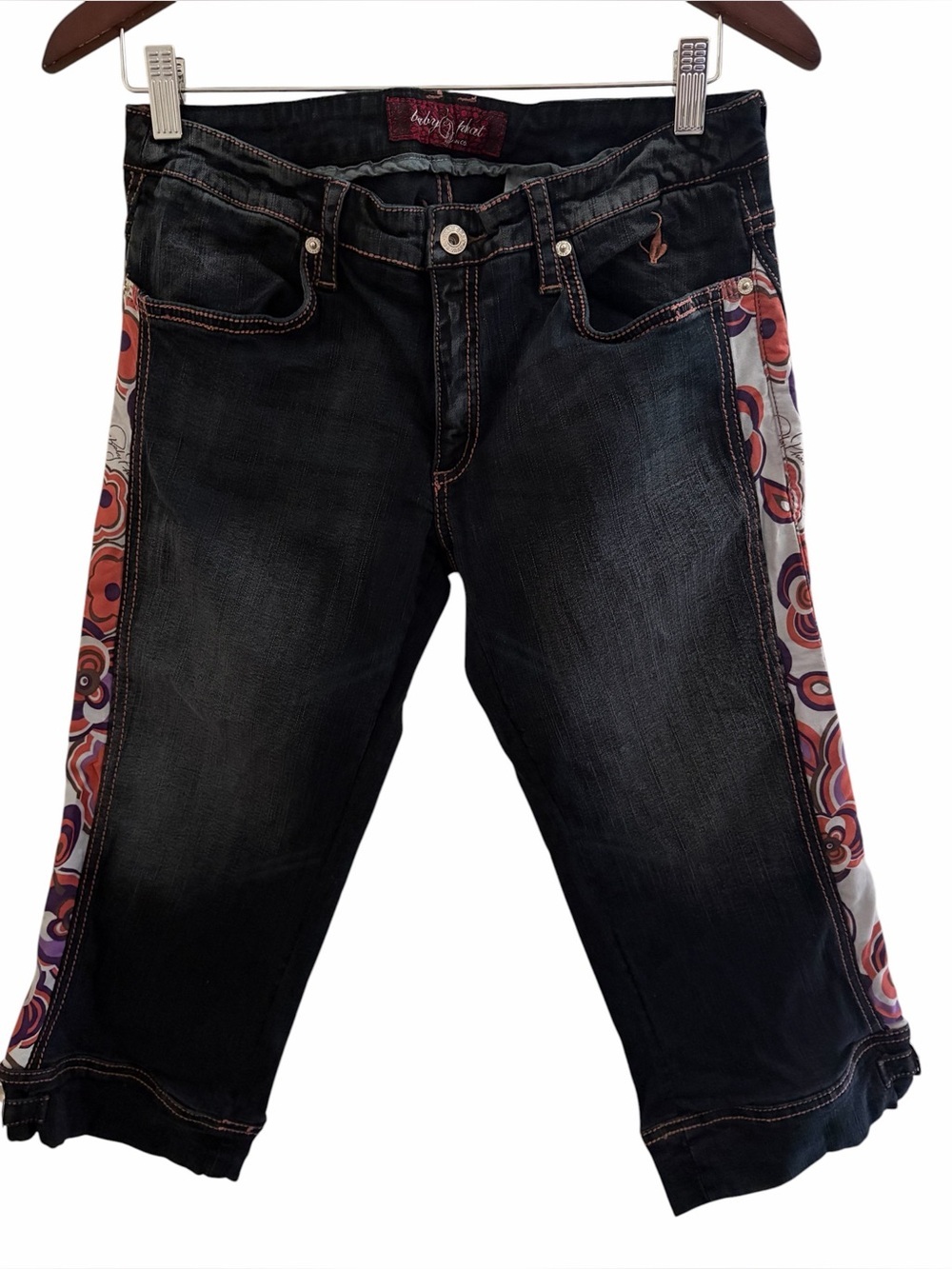 Vintage Y2K Baby Phat Capri Jeans Size 11 Low Rise Floral Panels Dark Wash